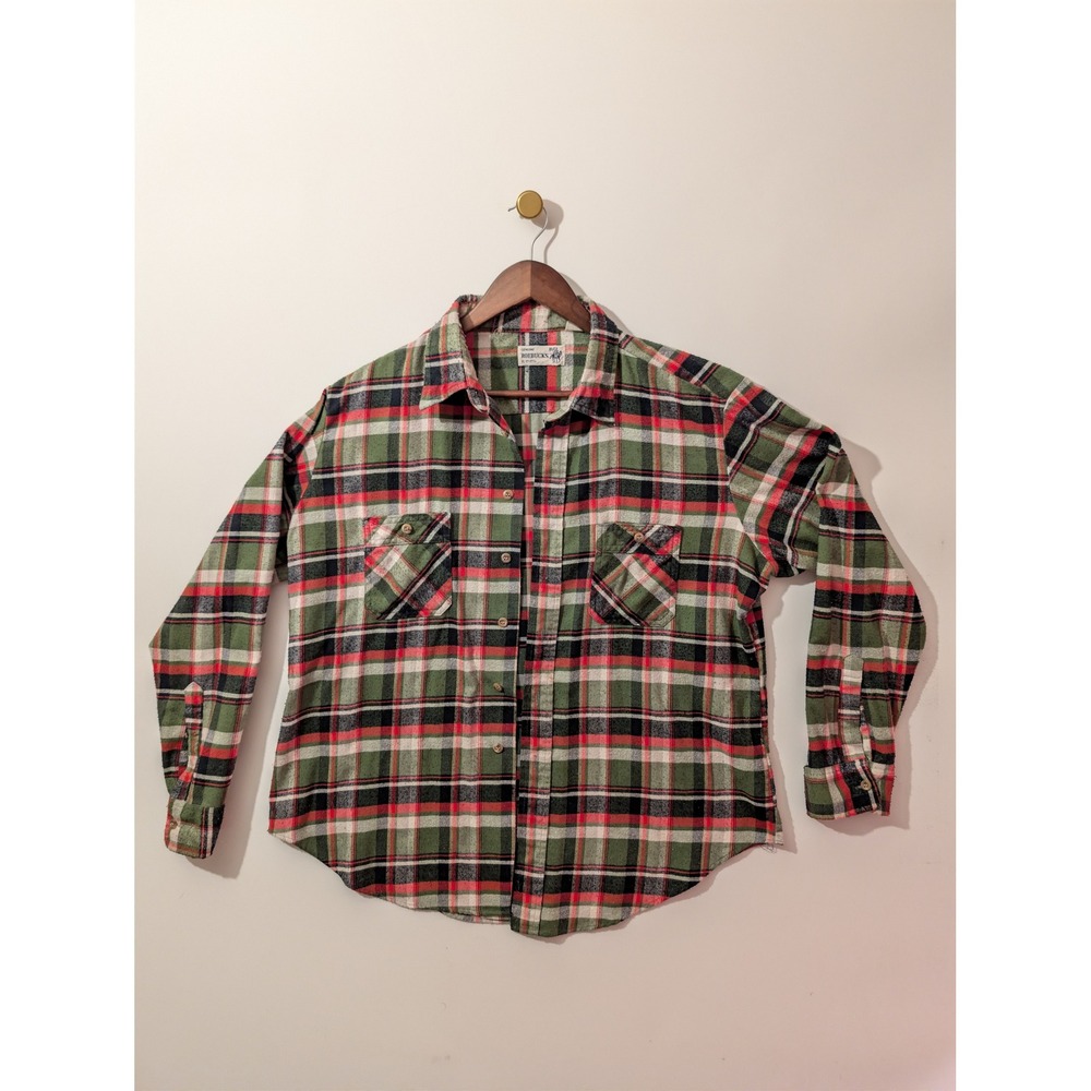 VTG Roebucks Flannel Shirt Mens XL Green Red Plaid Excellent Vintage Workwear
